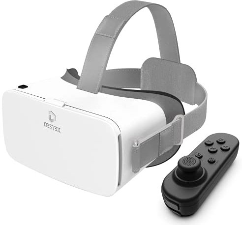 DESTEK V5 VR Headset for Phone, 110°FOV HD Anti-Blue Lenses Virtual Reality Headset with Bluetooth Controller, VR Glasses for iPhone Samsung Android (4.7-6.8in Screen) - White