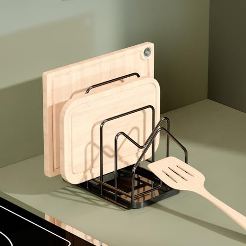 PAVSTINE Support Planche a Decouper avec Bac D'égouttage, Range Couvercle Casserole pour Couvercle de 16 à 34 cm, Porte Couvercle, Repose Cuillère Cuisine, Noir