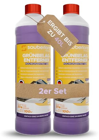 sauberland® Grünbelagentferner 2L [Konzentrat für 40L] – Selbsttätige Entfernung von Grünspan, Moos, Algen & Flechten uvm. | Steinreiniger für Terrassen, Steine, Fassaden, Dächer | Chlor- & Säurefrei