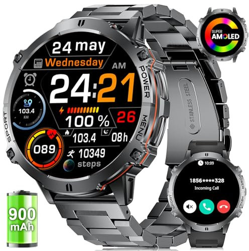 SUNKTA Montre connectée Homme avec 900 mAh Grande Batterie 1,73″ AMOLED pour iOS Android,Bluetooth appels,fréquence Cardiaque/Moniteur de Sommeil/Boussole Montre Homme connectée,100+ Modes Sport,Noir