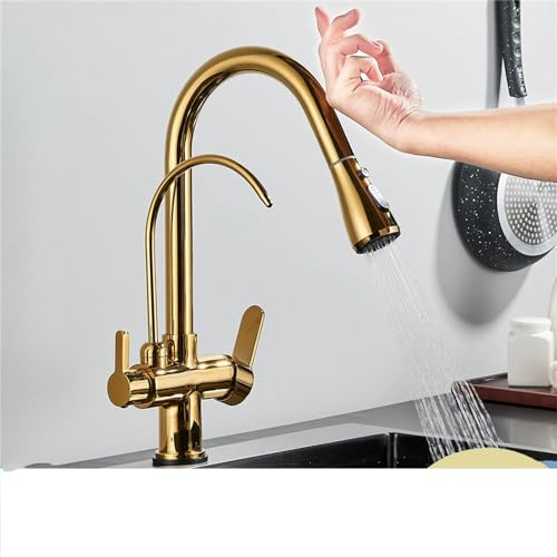 Küchenarmatur, Küchenarmatur, Berührungssensor, Filterwasser, 2-in-1, Schwarz, Feuerlöscher, Dual-Modi, Sprühgerät, Spültischarmaturen für Küche, Wassermischbatterie, Gold