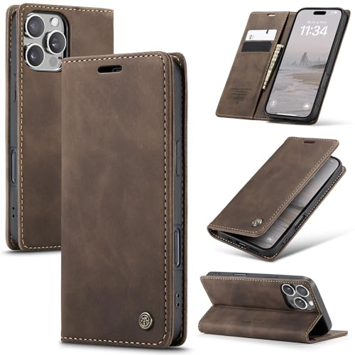 Azororo Handyhülle für iPhone 16 Pro 5G Hülle Premium Lederhülle Flip Case Magnet Tascher Kartenfach Standfunktion Klapphülle Schutzhülle für iPhone 16 Pro, Kaffee