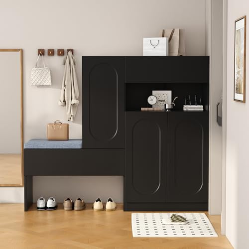 Merax Schuhschrank mit Sitzbank, Schuhbank mit Stauraum, 4 Stauraumtüren und 1 Schublade, höhenverstellbaren Fächern, gepolsterter Sitz, Schwarz, B130/T35/H110 cm