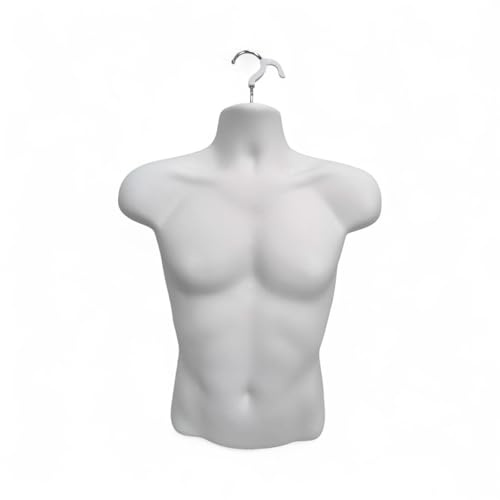 Male Half Body Form Mannequin –Durable Plastic Display with Hollow Back & Hanging Hook–Lightweight, Easy to Clean –Ideal for Clothing, Tops, Jewelry & Retail Garment Presentation (White, Half Body)