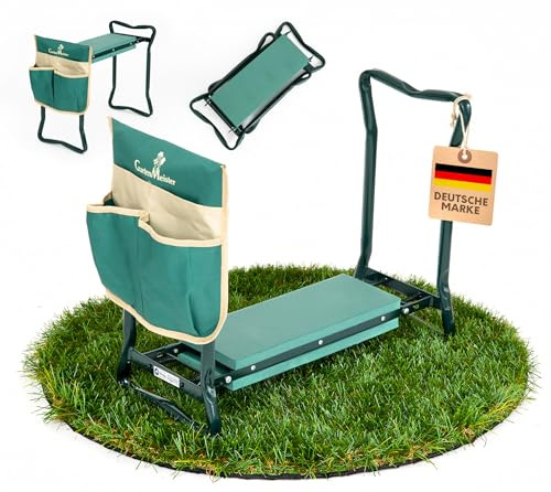 Westmann Multi Gartenhocker mit Kniebank, klappbar, 150 kg, Grün | Die EVA-Schaumstoffpolsterung sorgt für bequemes Knien, die abnehmbare Werkzeugtasche hält Schaufel und Schere griffbereit.