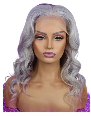 Peloes de Mujer Lace-Perücken for Frauen, gewellt, synthetische Lace-Front-Perücken, 150er-Dichte, halb handgebunden, hitzebeständiges Faserhaar, 12 Zoll Haarverlängerungen(Silver Grey)