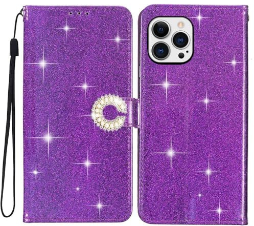 EuoDuo Cover Glitterata Compatibile con iPhone 15 Pro Max Custodia Pieghevole in Pelle PU Strass di Cristallo Fiore Flip Caso Magnetica Portafoglio Telefono Pochette Donna - Viola Scuro