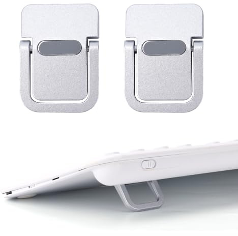 Penitue 2pcs Mini Keyboard Riser, Zinc Alloy Portable Small Laptop Tilt Stand Lifter Feet Foldable & Invisible Self-Adhesive Computer Notebook Holder Leg Lift Accessories for Desk Support (Silver)