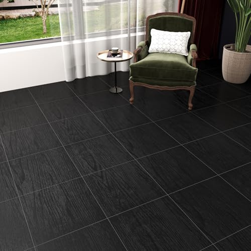 VaryPaper Black Wood Effect Floor Tiles Self Adhesive Vinyl Flooring 30cmx30cm 20 Pcs Peel and Stick Floor Tiles for Living Room Bedroom Wood Grain Tile Sticker for Bathroom Kitchen Laminate Flooring