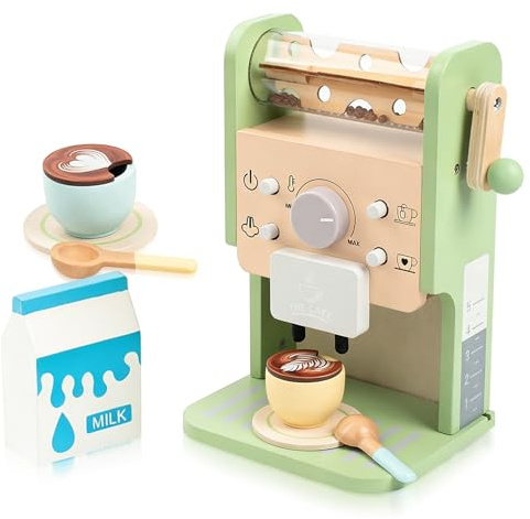 Tmefoy Kinder Kaffeemaschine Holz, Spielküche Zubehör für Kinderküche, Kaffeeservice Spielset aus Holz mit Milchkännchen & Tassen, Pädagogisches Rollenspiel Spielzeug für Kinder