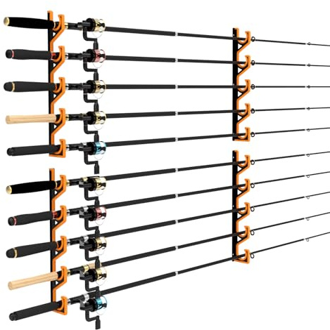 tonhui 2 Pack Horizontal Fishing Rod Holders for Garage Wall & Ceiling, Anti-Scratch Soft PU Grip Rod Rack, 40mm Fishing Pole Storage Organizer, Wall Mount Hanger for 10 Rods (Black/Yellow)