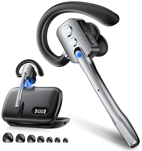 Bluetooth Headset mit Mikrofon, V5.3 Wireless Freisprech Headset Bluetooth mit Dual Mic & Mute Funktion, 24h Spielzeit Ohrhörer für iOS Android, In Ear Kopfhörer für Trucker/Business/Fernarbeit