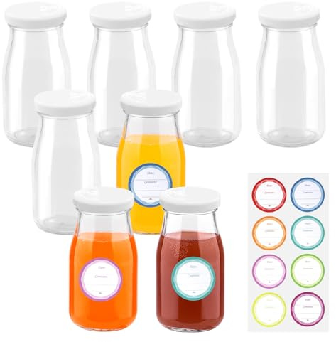GKLILOV Glass Shot Bottles with Lids, 8 Pack Empty Mini Bottles for Ginger Shots, 150ml Reusable Ginger Shots Bottle with Labels Small Glass Bottle for Homemade Beverages Picnics (white)