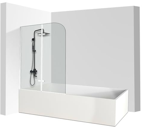 Monucep Pare-baignoire 100 x 140 cm, pliable en 2 parties, en verre de sécurité ESG de 6 mm, revêtement nano, pivotant à 180°, protection anti-éclaboussures, argenté
