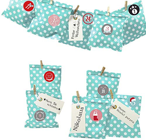 Frau WUNDERVoll® DIY Adventskalender zum Befüllen Bescherung: Set Punkt 138, Papiertueten flach 13x16,5cm, Tuerkis Punkt, Ziffern bunt