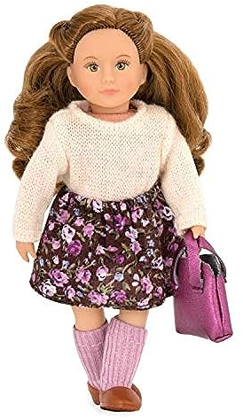 LORI 45713 Puppe Aviana, 15cm, Lange rotblonde Haare, braune Augen, ab 3 Jahren, Stehpuppe, beweglich, weicher Körper, Wollpulli, Tasche pink, Stulpen