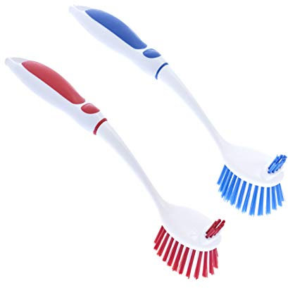 Kitchen Brush Scrubber with Rubber Grip Handle, Dish Cookware and Vegetable Brush, Non-Scratch Soft Bristles - Double Sided Sturdy Bristles, All Purpose Cleaner. By Superio (Red+Blue)