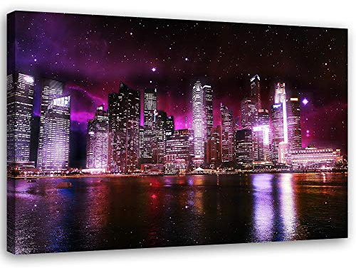 Leinwandbild XXL Stadt bei Nacht Wandbild Kunst Architektur Violett 120x80 cm
