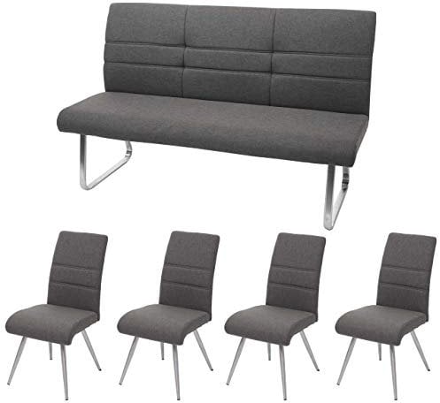 Mendler Set 4X Esszimmerstuhl+Sitzbank HWC-G55, Bank Küchenstuhl Stuhl, Stoff/Textil Edelstahl - grau-braun Bank 160cm