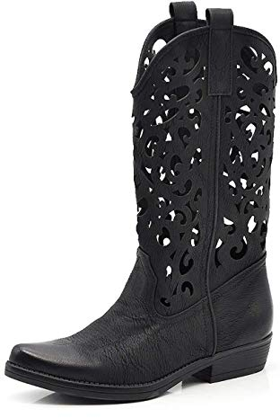 Fashion Moda Stivali Donna texano con Punta Estate Primavera Tacco Basso Traforato Comodo Stivaletti Tronchetti (Numeric_39)