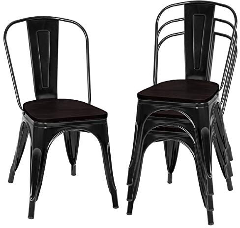 COSTWAY Sillas de Comedor Pack 4, Sillas de Cocina Metal, Asiento de Madera de Olmo, Sillas Apilables con Respaldo Desmontable para Salón Cocina Bar, Industrial, hasta 150kg (Negro)