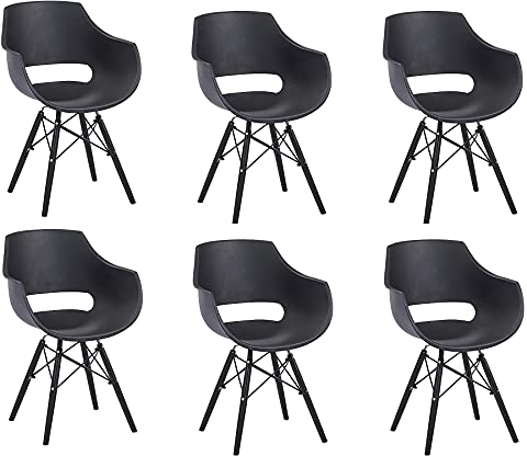 SAM 6er Set Schalenstuhl Lea, Schwarz, ergonomisch geformte Sitzschale aus Kunststoff, bequemer Esszimmerstuhl im Retro-Design, Holzgestell schwarz