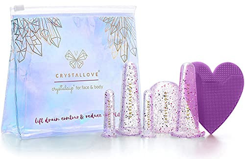 CRYSTALLOVE Coppette Massaggio Silicone - bicchieri per coppettazione in silicone 5 pezzi con spazzola per la pulizia del viso in un set - massaggio del corpo e del viso, dispositivo di massaggio