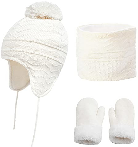 Yutdeng Cappello Invernale Bambino e Guanti e Sciarpa Tubolare Set Berretto Neonato Bambina Cappelli Caldi per Neonati con Paraorecchie Cappello per Neonato per Bambini 1-6 Anni (3 Pezzi)