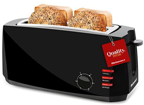 Elite Gourmet ECT4829B# Long Slot 4 Slice Toaster, Reheat 6 Toast Settings, Defrost, Cancel Functions, Built-in Warming Rack, Extra Wide Slots for Bagels Waffles, Black