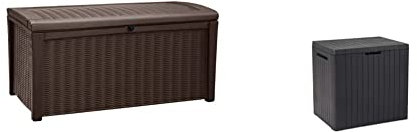 Keter Borneo Outdoor Storage Box Garden Furniture, Brown, 129.5 x 70 x 62.5 cm & Keter City Outdoor Storage Box Garden Furniture 57.8 x 44 x 55 cm - Dark Grey