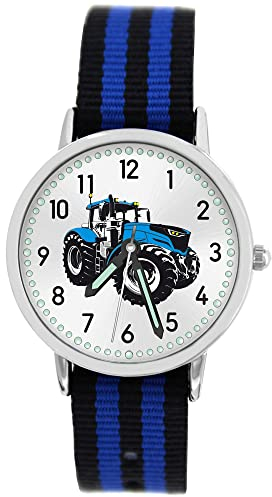 Pacific Time Kinder Armbanduhr Jungen Traktor für Kinder blau Trecker Kinderuhr Auto Car Textilarmband Leuchtzeiger Analog Quarz 87611