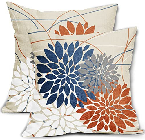Blau-orangefarbene Kissenbezüge, 45.7x45.7 cm, Dahlien-Blume, weiß, grau, elegante farbige Überwurfkissen, Bauernhaus, Outdoor-Dekoration für Zuhause, Wohnzimmer, Sofa, Bett, quadratisch, 2er-Set