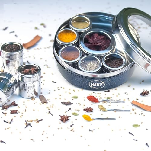 MARU 9 in 1 Durable Stainless Steel Masala box for kitchen Dark Blue Colored, Spice storage Box for Kitchen with see-through lid, Masala dabba, Stylish Spices storage Steel container