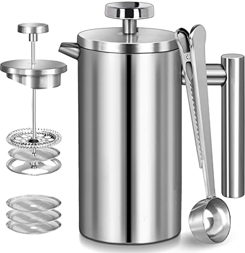 Große French Press Kaffeebereiter 1,5 l (1,5 l), 304 Edelstahl, doppelwandig, isolierte Teepresse für Camping, Rucksackreisen, Party, Reisen, Geschenkset, spülmaschinenfest (Silber, 6-8 Tassen)