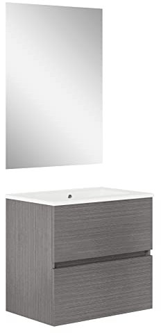 Baikal, Conjunto de baño Natura. Mueble de Baño de Fondo Reducido, con Lavabo cerámico. Distribución Dos Cajones. Mueble MONTADO. Dos Cajones con Espejo. Fondo 39cm 60 cm Ceniza