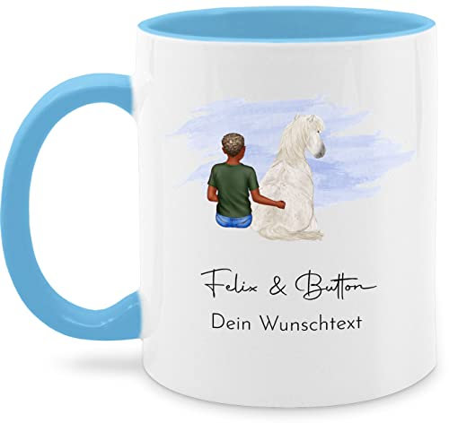 Tasse Tassen 325ml - Pferde - Pferd und Reiter mit Namen personalisiert I Reiter Geschenk Pferdejunge - 325 ml - Hellblau - eigenem text reitersachen pferden mensch glühweintassen reiten