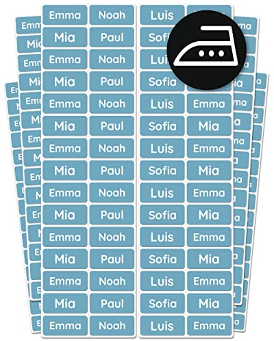 melu kids® Namensetiketten für Kleidung zum Aufbügeln (50 Stück) - Kinder Bügeletiketten mit Namen waschmaschinenfest und personalisiert - Blau