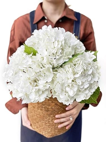 JINWOE Flores Artificiales de hortensias Blancas, 3 Piezas Grandes de 21 Pulgadas, Flores de Seda de látex de Tacto Real, hortensias sintéticas, Flores Falsas realistas para Primavera, Ramo de Boda,