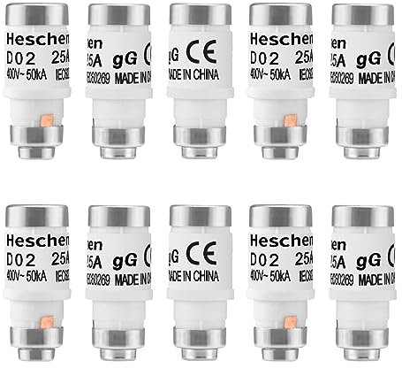 Heschen Eslabones fusibles cerámicos Neozed, eslabón fusible tipo D0, D02, 25A 400VAC, tipo gL/gG, 10 unidades