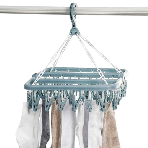Clothes Drying Hanger, Drip Foldable Hanging Sock Rack With 32 Clips, Clothes Drying Rack, Wind-proof Clothes Hanger Rack Hanging Dryer Laundry Airer, Rotary Wind-sock Hanger For Socks Underwear