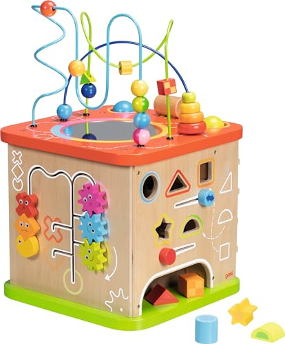 goki 59964 - Activity- und Motorikwürfel ActiveKids aus Holz und Metall, Lernspielzeug für Kleinkinder, Fördert Feinmotorik und Sinneswahrnehmung, bunter Spielwürfel XXL, 35cm x 35cm x 54cm, ab 1 Jahr