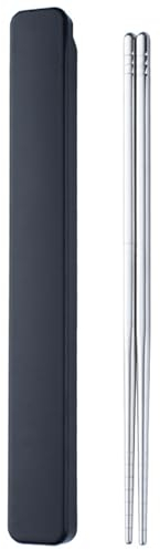 Stainless Steel Metal Chopsticks - 1 Pair Reusable with Pull Design Case - Portable Utensil for School, Home, Office, Camp, Travel & Bento Box (Black)
