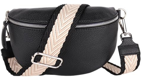 MIRROSI® Bauchtasche Damen, Echtleder, Made in Italy, Umhängetasche, Brusttasche, Crossbody Bag (1 Tasche & 2 Gurte) (Schwarz (Spitzen Schwarz Beige), Große Tasche (28x18x9cm))