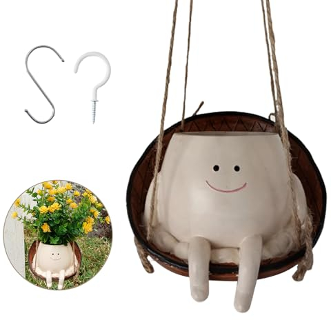 Domigard Blumentöpfe zum Aufhängen, Blumentopf zum Aufhängen, mit Ständer aus Holz, niedlich, lebendig, Blumentöpfe mit Hanfseil für Innenbereich, Balkon und Garten (Typ 3)
