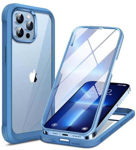 Miracase Glass Case Compatible with iPhone 13 Pro 6.1, [Built-in Glass Screen Protector] Full Body Rubber Bumper Clear Back Case Cover (Capri Blue)