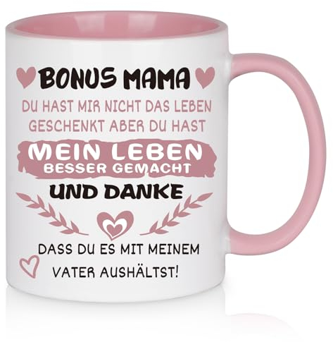 Diztoud Bonus Mama Geschenk Tasse, Muttertagsgeschenke für Mama, Stiefmutter Geschenk Muttertag, Geburtstag Weihnachten, Geschenke zum Muttertag, Geschenkideen Weihnachtsgeschenke, 325ml Kaffeetasse