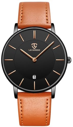 aswan watch Flache Herren Analog Quarz Armbanduhr mit Lederarmband, Datum, 2 Zeiger, 39 mm Gehäusegröße