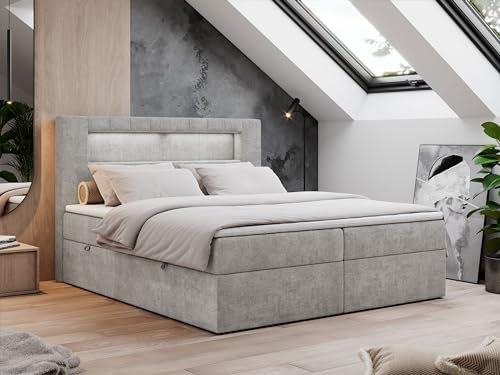 MKS MEBLE Boxspringbett 140x200 mit Led Grau, Polsterbett Bett mit Topper T25 und Kopfteil, Multipocket Matratze H4, Doppelbett mit Bettkasten Stauraumbett - Gold-5 - Hellgrau Struktur