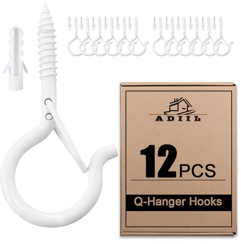 ADIIL 12 PCS Q Hanger Hooks with Safety Buckle, Windproof Screw Hooks for Hanging Outdoor String Lights, Plants, Christmas Patio Lights, 2.2 Inches, White