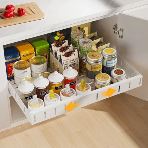 Otauoaea Cajón Telescópico, Cajones Extraibles para Cocina, Cajon Telescopico Adhesivo, Cajón Deslizante para Alacena, Cajón Extraible Cocina, Sin Necesidad de Taladrar Ni Clavar, 30-50 cm W, Blanco